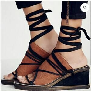 Free People 40 Bowery Wedge Lace Up Brown Black Sandal Boho Western Gladiator